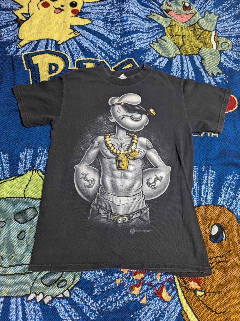 Y2K Gangster Popeye Rap Tee Black T-Shirt.  In good condition, size small.